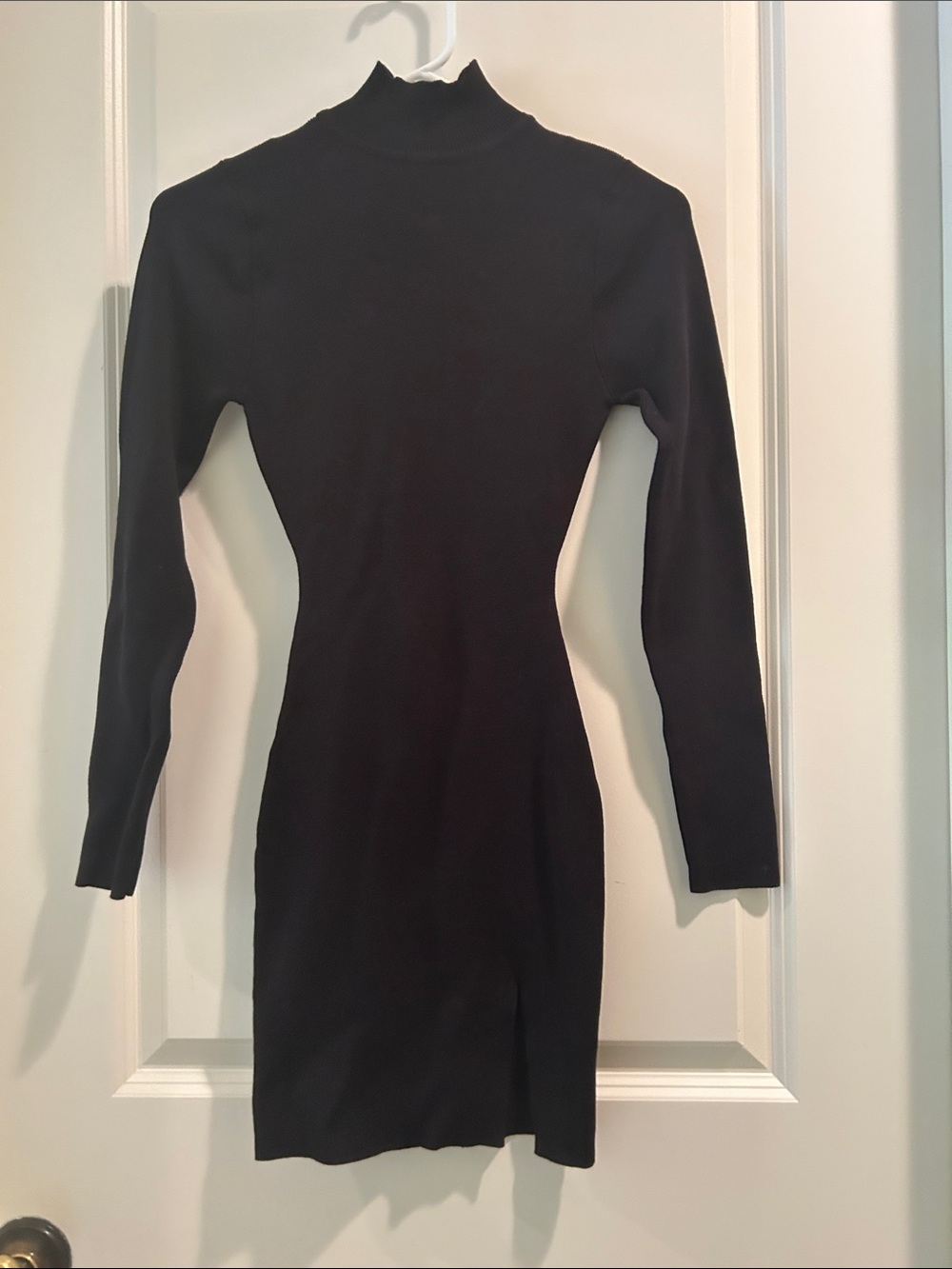 Windsor Black Ribbed Mock Neck Bodycon Mini Dress Long Sleeves Hem Slit size S